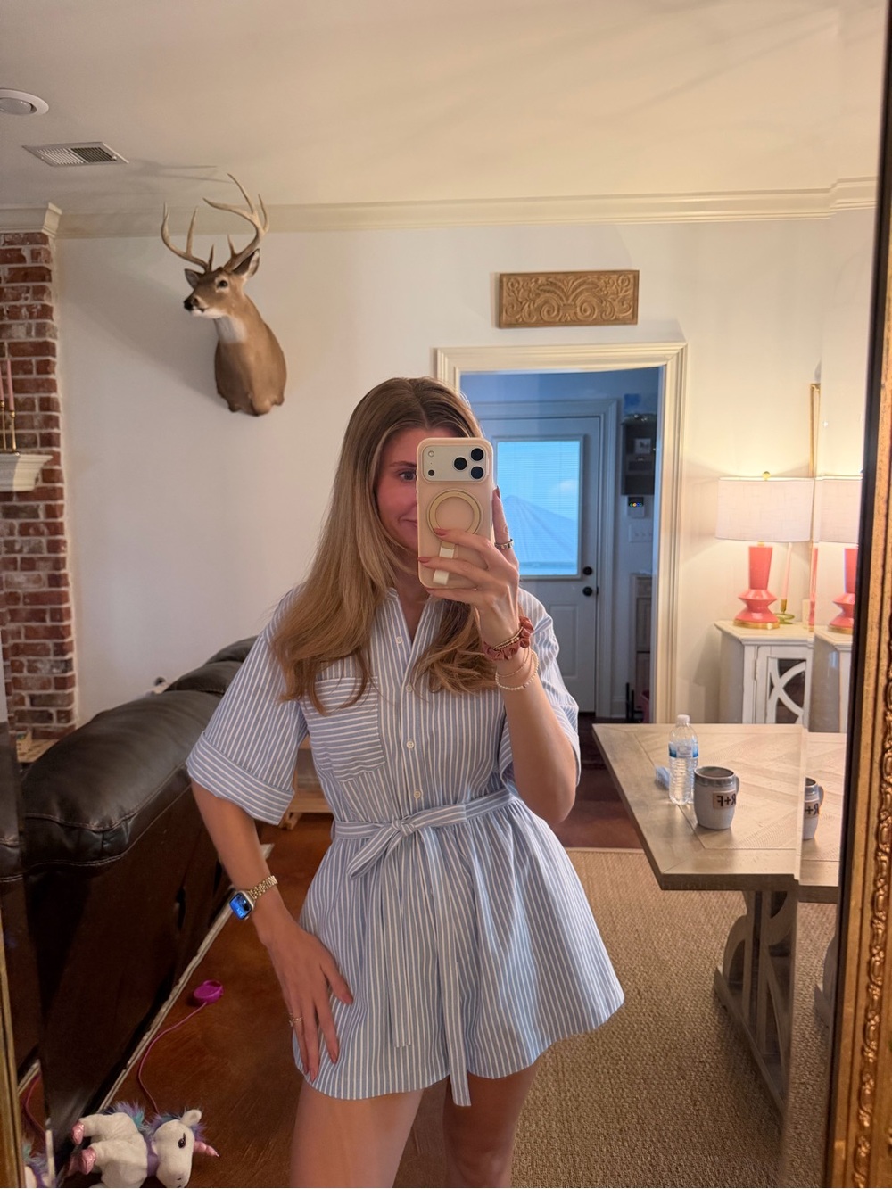 English Factory Blue and White Striped Shirtdress Romper Sandals